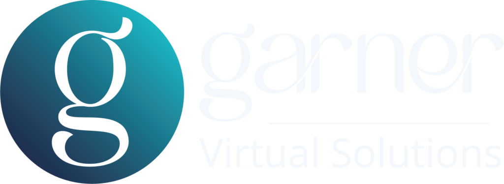 Logo - Circle with navy and turquoise gradient with a lowercase white letter g with the words Garner Virtual services in white to the right.