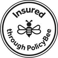 Policy Bee Insurance badge - A white circle with a black bee in the centre. Words around the bee say - Insured through Policy Bee.